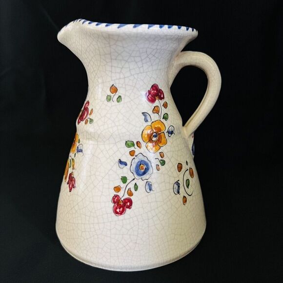 RARE Talavera Crackle Glaze Vase Jug Pitcher Vintage Handle MCM Flowers Flower - Picture 1 of 10